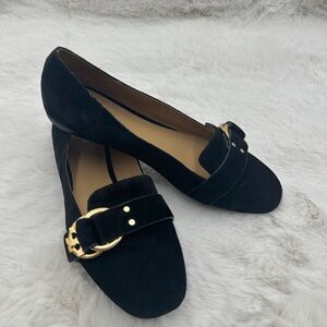 Tory Burch Black Marsden‎ Suede Gold Tone Belted Reva Smoking Slipper flats 7.5